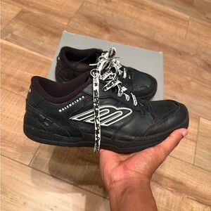 Balenciaga Black Leather Sneaker with White Logo Laces